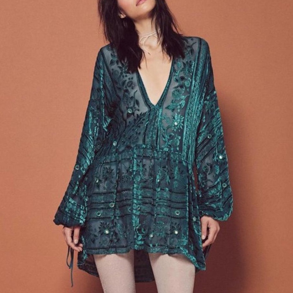 For Love & Lemons Small Green J'Adore Boho Velvet Long Sleeve Dress